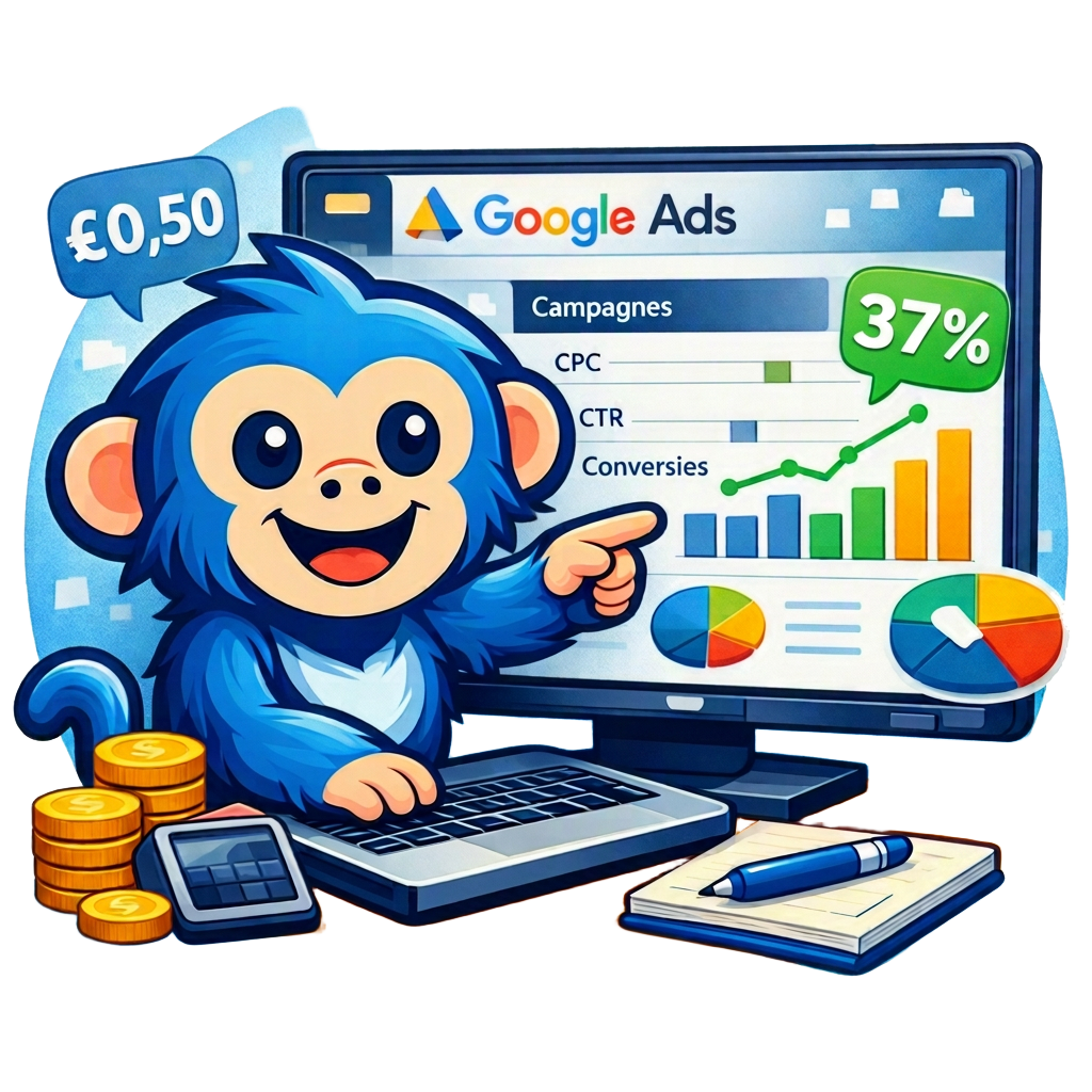 Blauwe baviaan die Google Ads resultaten analyseert op een dashboard
